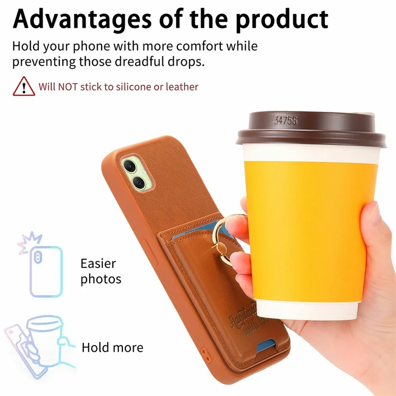 Futerał na Samsung Galaxy A06 4G z uchwytem na kartę, uchwytem pierścieniowym z kryształkami, podstawką, tyłem z kory obiciem skórzanym - Brązowy