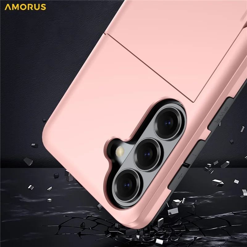 AMORUS For Samsung Galaxy S26 Case with Sliding Card Holder PC TPU Phone Back Cover - Pink