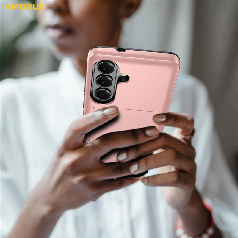 AMORUS For Samsung Galaxy S26 Case with Sliding Card Holder PC TPU Phone Back Cover - Pink