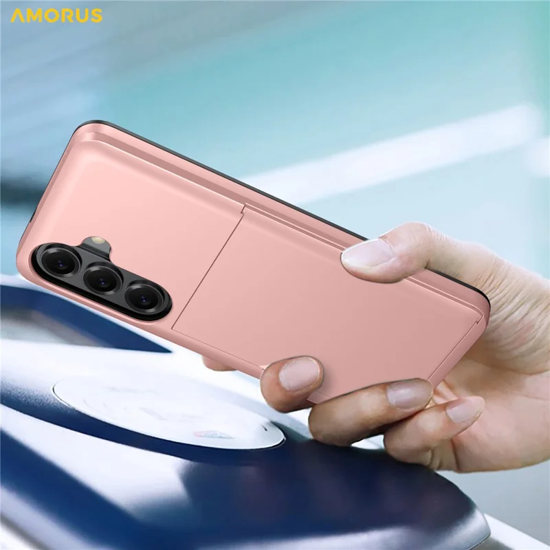 AMORUS For Samsung Galaxy S26+ Case with Sliding Card Holder PC TPU Phone Back Cover - Rose Gold