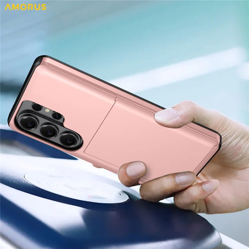 AMORUS For Samsung Galaxy S26 Ultra Case with Sliding Card Holder PC TPU Phone Back Cover - Rose Gold