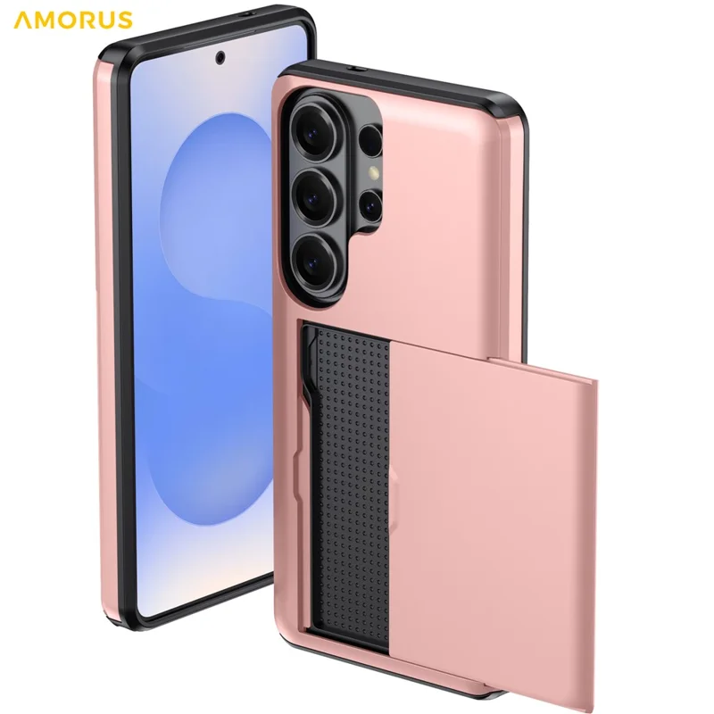 AMORUS For Samsung Galaxy S26 Ultra Case with Sliding Card Holder PC TPU Phone Back Cover - Rose Gold