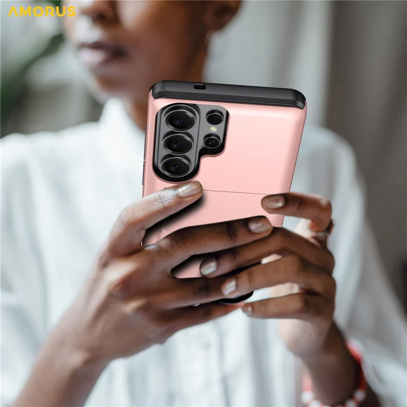 AMORUS For Samsung Galaxy S26 Ultra Case with Sliding Card Holder PC TPU Phone Back Cover - Rose Gold