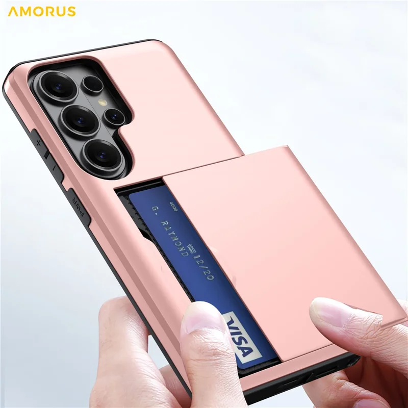 AMORUS For Samsung Galaxy S26 Ultra Case with Sliding Card Holder PC TPU Phone Back Cover - Rose Gold