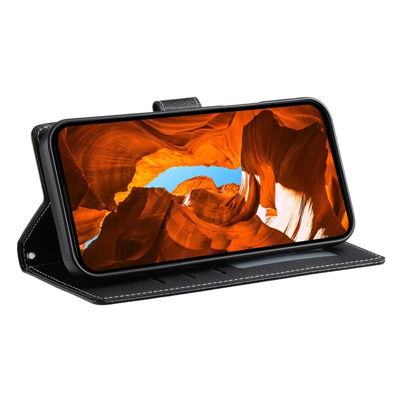 Кожаный чехол для Oppo F31 5G / A6 Pro 5G / A6 Pro 4G Магнитная застежка Текстура личи Бумажник Чехол для телефона с ремешком на запястье - Черный