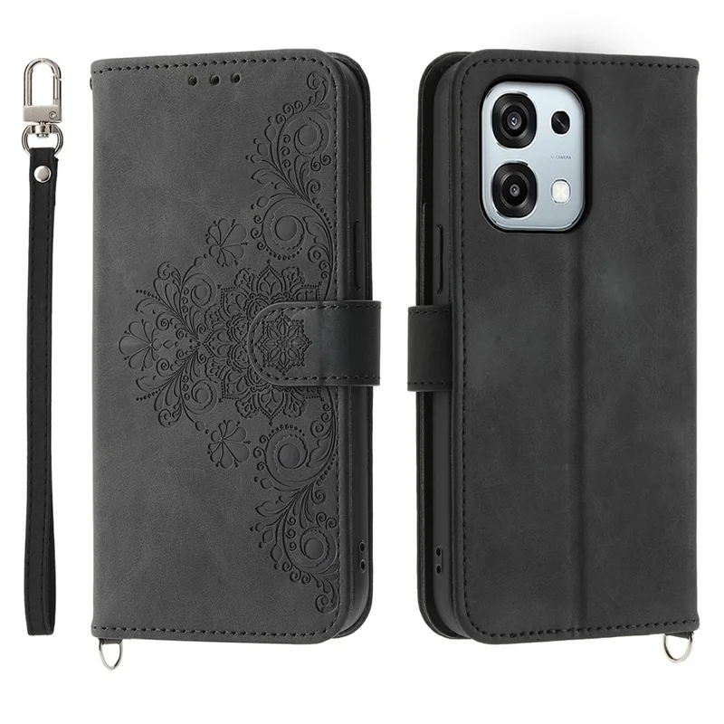 Geldbörse-Hülle für Oppo F31 5G / A6 Pro 5G / A6 Pro 4G Blumenmuster PU-Leder Handyhülle mit Riemen - Schwarz