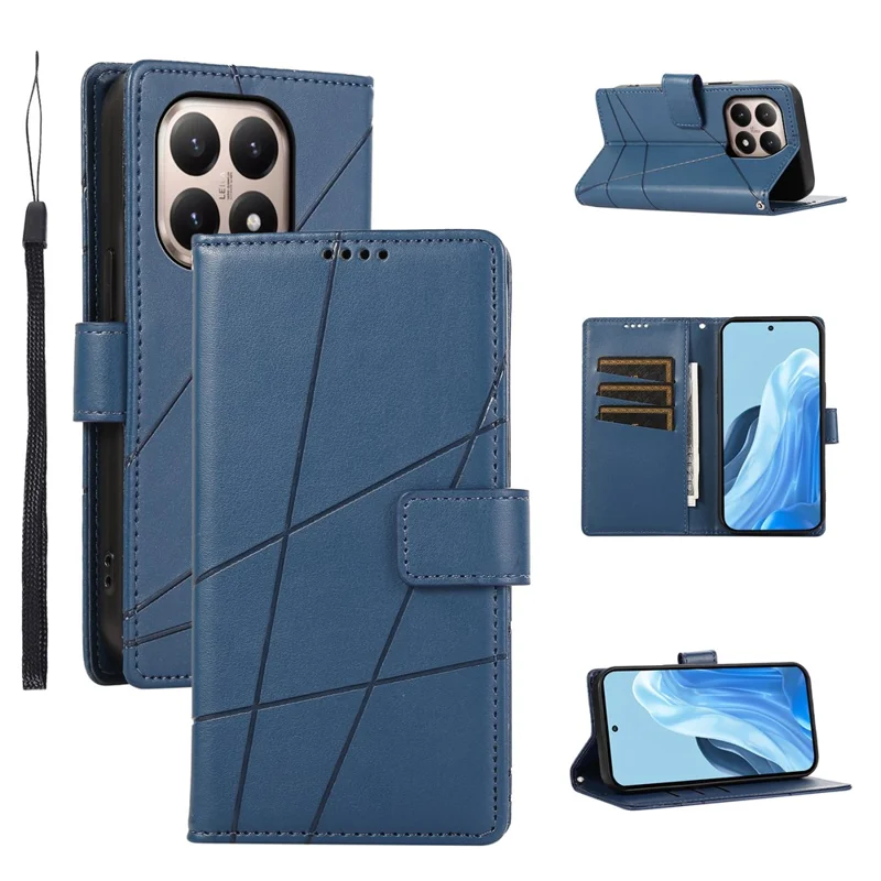 For Xiaomi 15T Phone Case Line Imprint Leather Wallet Cover with Wrist Strap - Blue