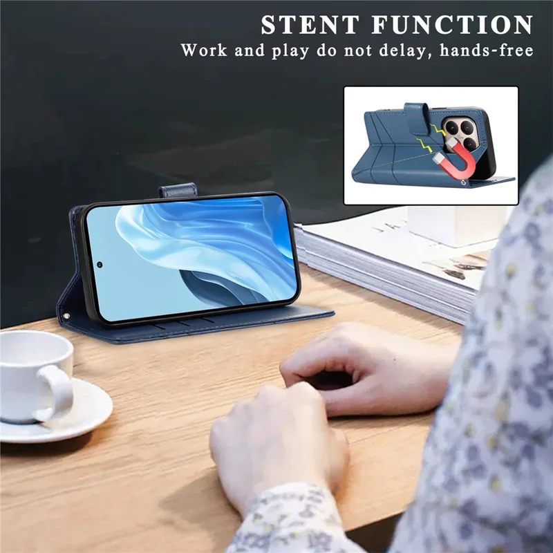 For Xiaomi 15T Phone Case Line Imprint Leather Wallet Cover with Wrist Strap - Blue