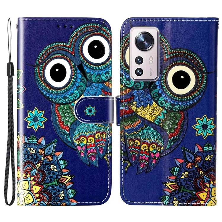 For Xiaomi 12 Pro 5G / 12S Pro 5G / 12 Pro (Dimensity) 5G Wallet Phone Case Pattern Embossed Phone Cover PU Leather TPU Stand Case with Hand Strap - Owl