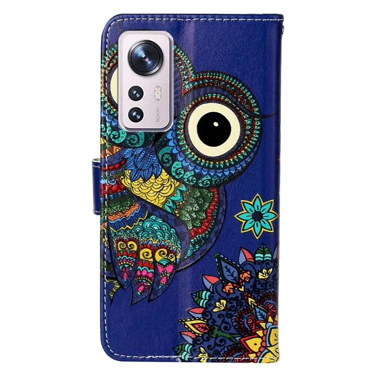 For Xiaomi 12 Pro 5G / 12S Pro 5G / 12 Pro (Dimensity) 5G Wallet Phone Case Pattern Embossed Phone Cover PU Leather TPU Stand Case with Hand Strap - Owl