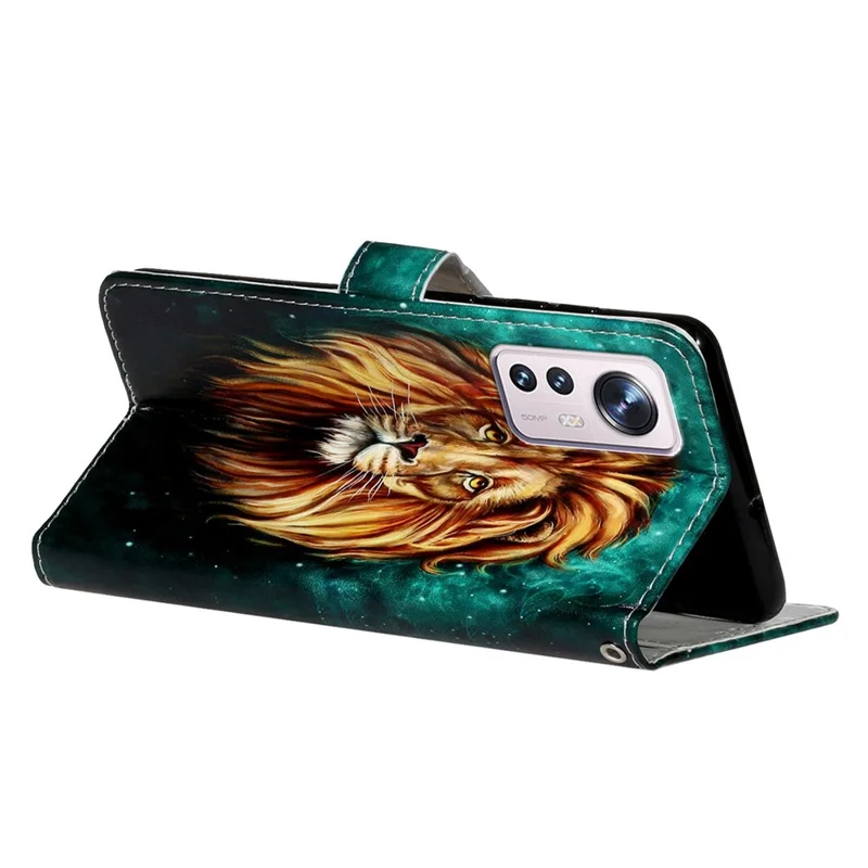 For Xiaomi 12 Pro 5G / 12S Pro 5G / 12 Pro (Dimensity) 5G Wallet Phone Case Pattern Embossed Phone Cover PU Leather TPU Stand Case with Hand Strap - Lion