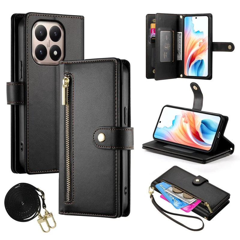 For Xiaomi 15T Case Zipper Pocket Wallet Leather Phone Cover with Straps - Black