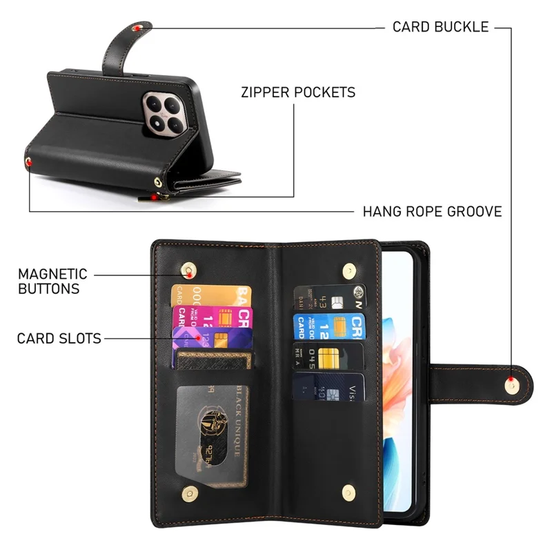 For Xiaomi 15T Case Zipper Pocket Wallet Leather Phone Cover with Straps - Black