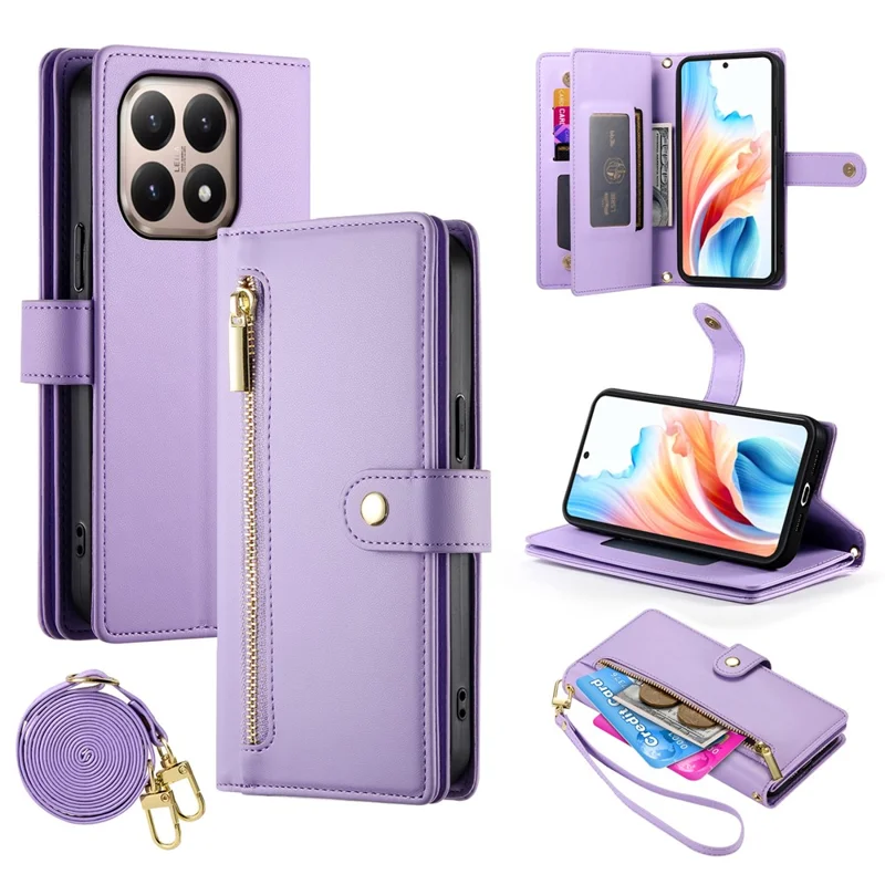For Xiaomi 15T Case Zipper Pocket Wallet Leather Phone Cover with Straps - Purple