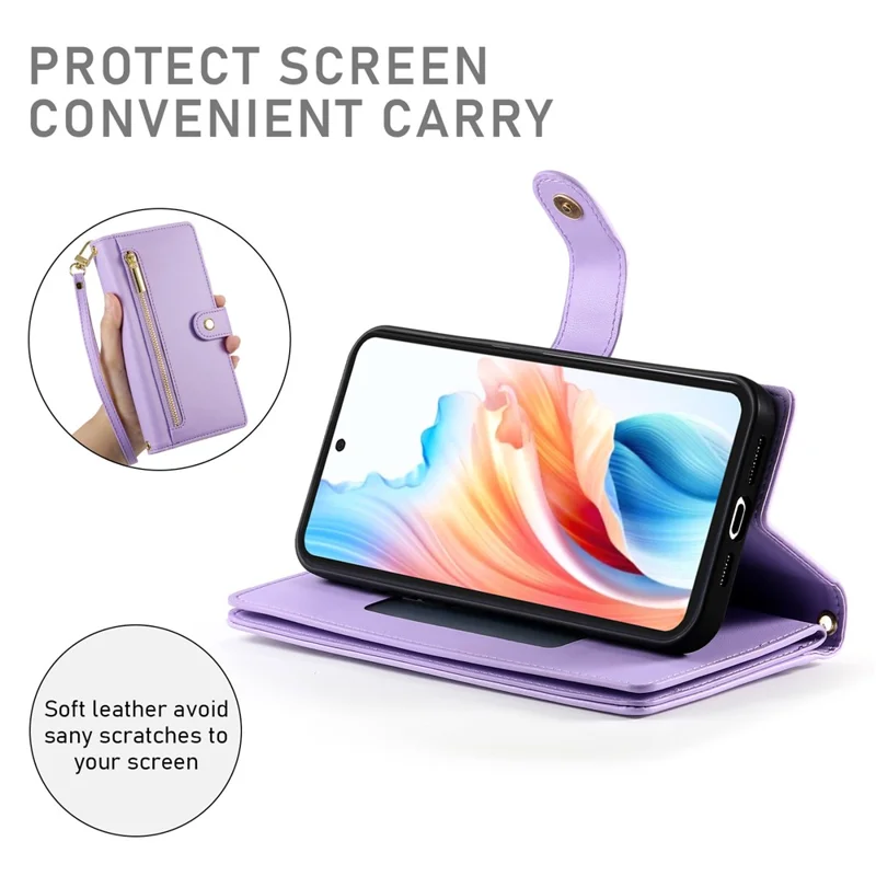 For Xiaomi 15T Case Zipper Pocket Wallet Leather Phone Cover with Straps - Purple