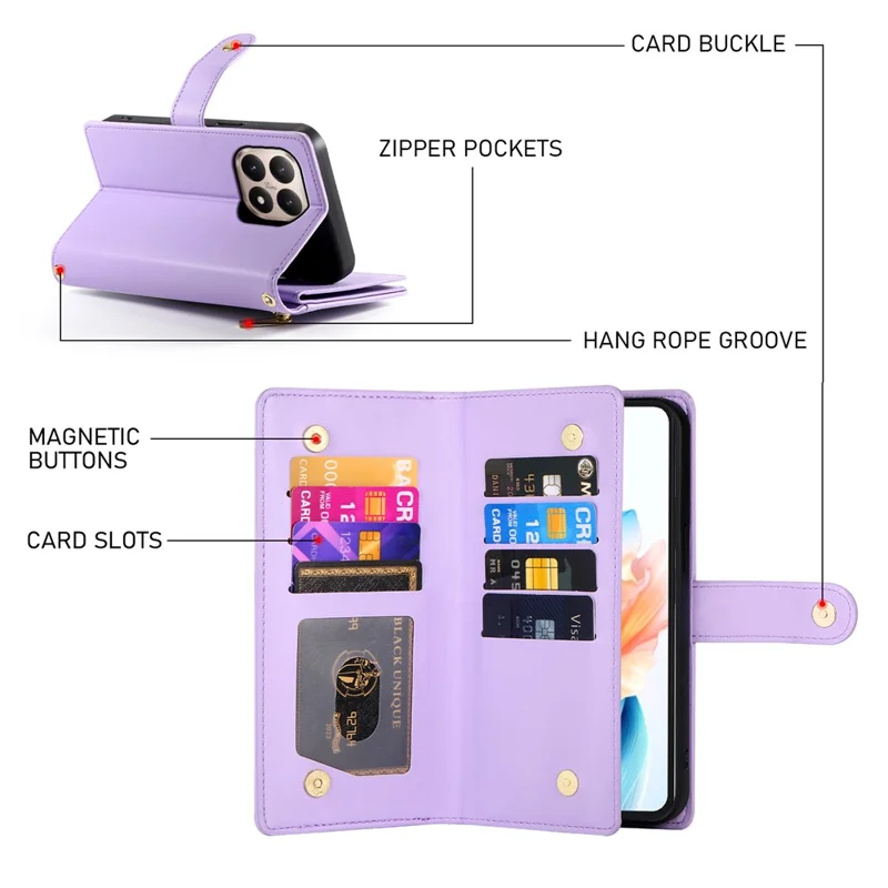 For Xiaomi 15T Case Zipper Pocket Wallet Leather Phone Cover with Straps - Purple