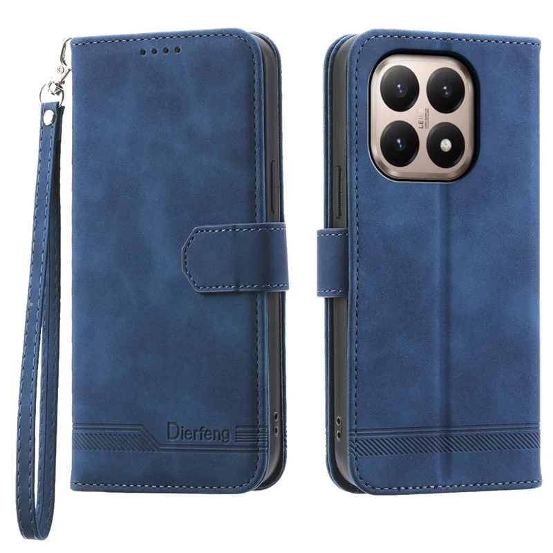 DIERFENG DF-03 For Xiaomi 15T Case Lines Imprint Wallet Leather Phone Cover with Wrist Strap - Blue