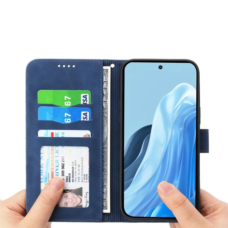 DIERFENG DF-03 For Xiaomi 15T Case Lines Imprint Wallet Leather Phone Cover with Wrist Strap - Blue