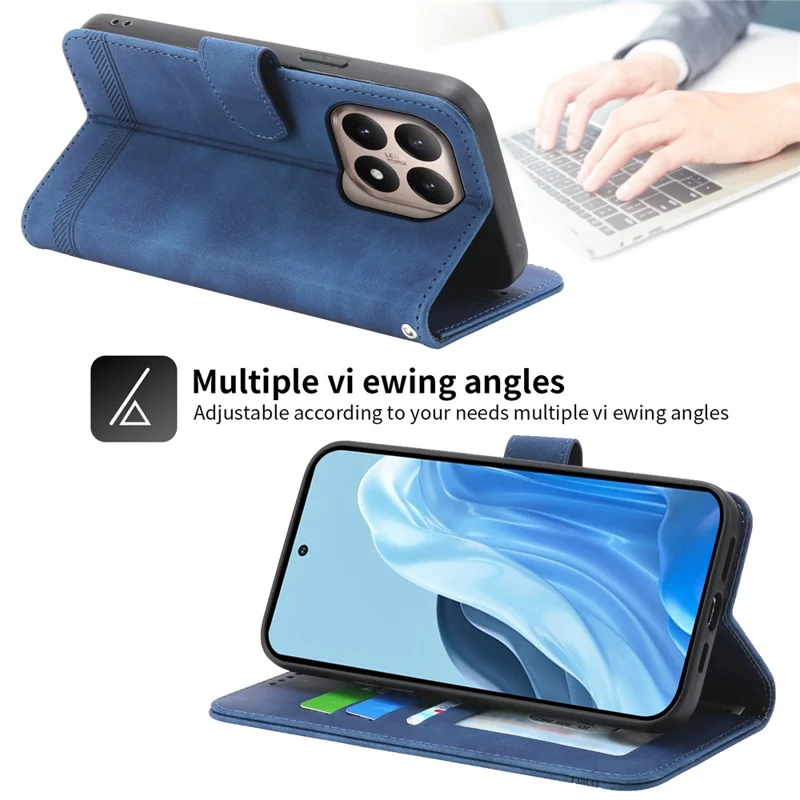 DIERFENG DF-03 For Xiaomi 15T Case Lines Imprint Wallet Leather Phone Cover with Wrist Strap - Blue