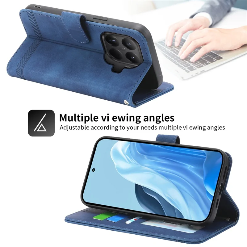 DIERFENG DF-03 til Xiaomi 15T Pro Taskebeskyttelse med Linjemønster i Læder med Håndledsrem - Blå