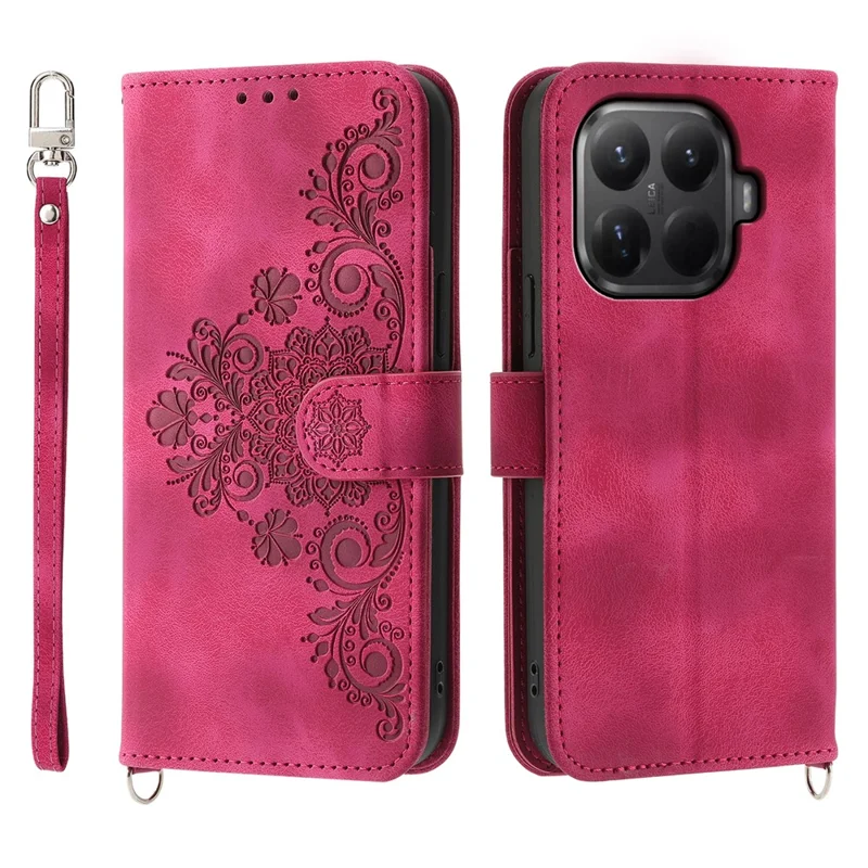 Etui na Xiaomi 15T Pro z nadrukiem kwiatów, portfel z syntetycznej skóry z paskiem - czerwony wino