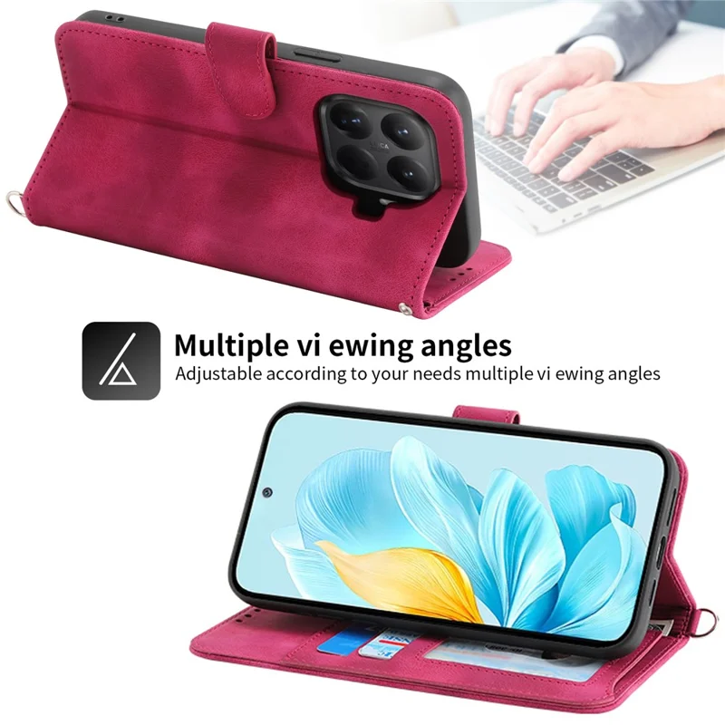 Etui na Xiaomi 15T Pro z nadrukiem kwiatów, portfel z syntetycznej skóry z paskiem - czerwony wino