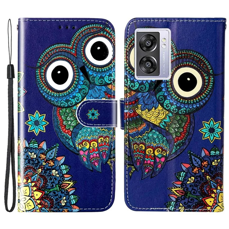 Per Oppo A57 (2022) 5G / A57 4G / A77 5G / A57s 4G Custodia Portafoglio per Telefono con Motivo Goffrato in Pelle PU e TPU con Supporto e Cinturino - Gufo