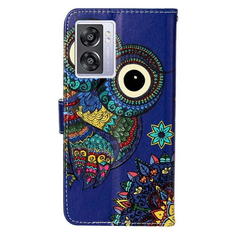 Per Oppo A57 (2022) 5G / A57 4G / A77 5G / A57s 4G Custodia Portafoglio per Telefono con Motivo Goffrato in Pelle PU e TPU con Supporto e Cinturino - Gufo