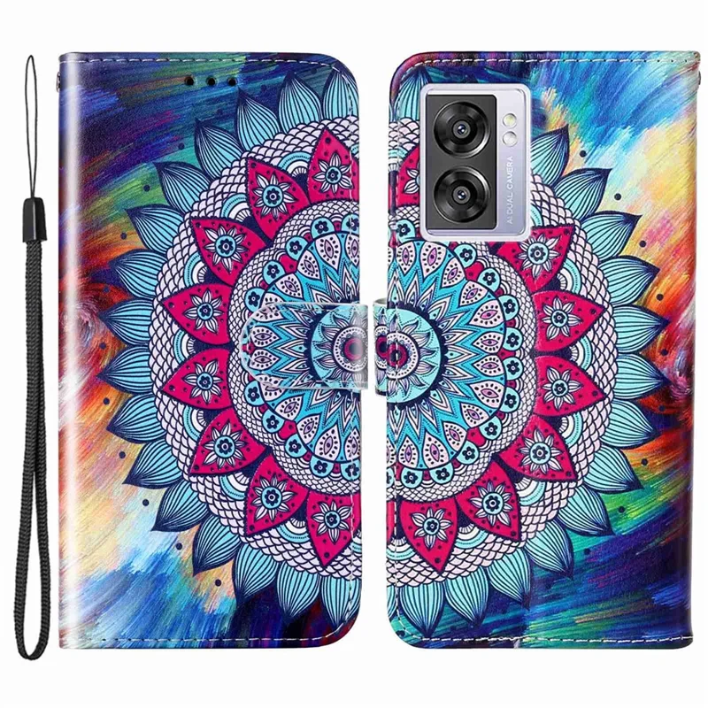 For Oppo A57 (2022) 5G / A57 4G  /  A77 5G /  A57s 4G Wallet Phone Case Pattern Embossed PU Leather TPU Stand Case with Hand Strap - Mandala Flower