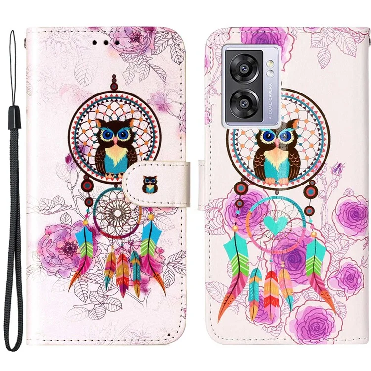 Für Oppo A57 (2022) 5G / A57 4G / A77 5G / A57s 4G Wallet Phone Case Pattern Embossed PU Leather TPU Stand Case mit Handschlaufe - Eule / Windspiel
