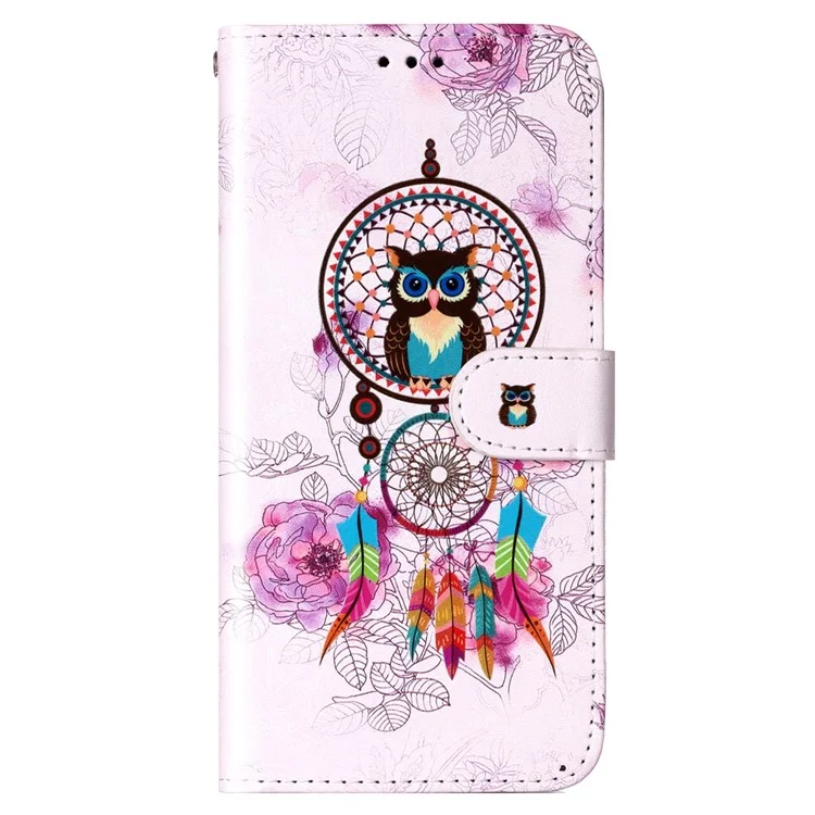 Für Oppo A57 (2022) 5G / A57 4G / A77 5G / A57s 4G Wallet Phone Case Pattern Embossed PU Leather TPU Stand Case mit Handschlaufe - Eule / Windspiel