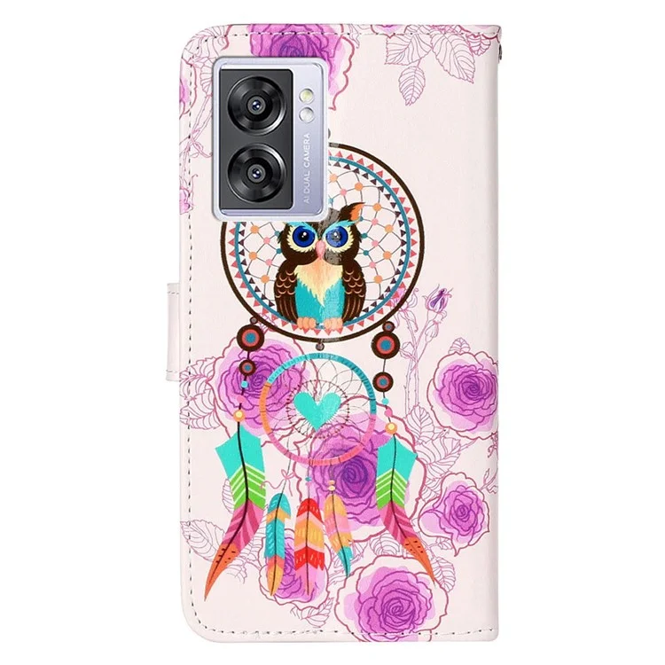 Für Oppo A57 (2022) 5G / A57 4G / A77 5G / A57s 4G Wallet Phone Case Pattern Embossed PU Leather TPU Stand Case mit Handschlaufe - Eule / Windspiel