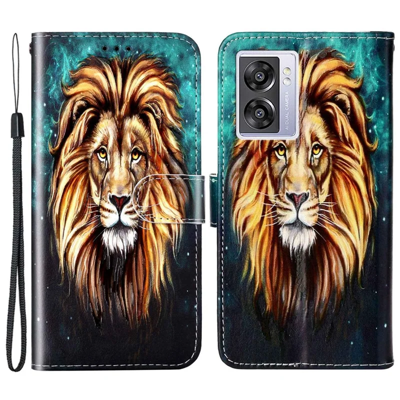 For Oppo A57 (2022) 5G / A57 4G  /  A77 5G /  A57s 4G Wallet Phone Case Pattern Embossed PU Leather TPU Stand Case with Hand Strap - Lion
