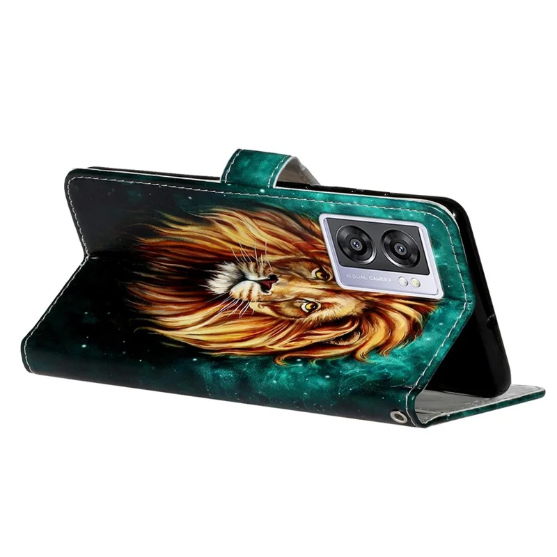 For Oppo A57 (2022) 5G / A57 4G  /  A77 5G /  A57s 4G Wallet Phone Case Pattern Embossed PU Leather TPU Stand Case with Hand Strap - Lion