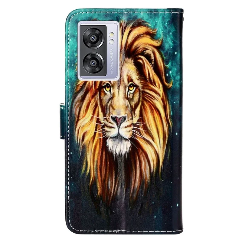 For Oppo A57 (2022) 5G / A57 4G  /  A77 5G /  A57s 4G Wallet Phone Case Pattern Embossed PU Leather TPU Stand Case with Hand Strap - Lion