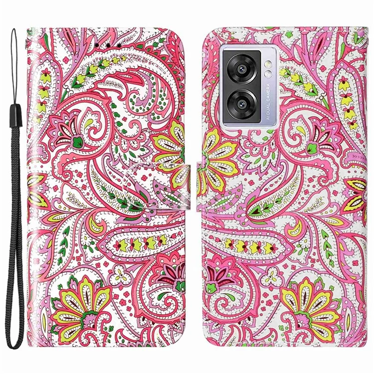 Para Oppo A57 (2022) 5G / A57 4G / A77 5G / A57s 4G Wallet Phone Case Pattern Embossed PU Leather TPU Stand Case with Hand Strap - Flower