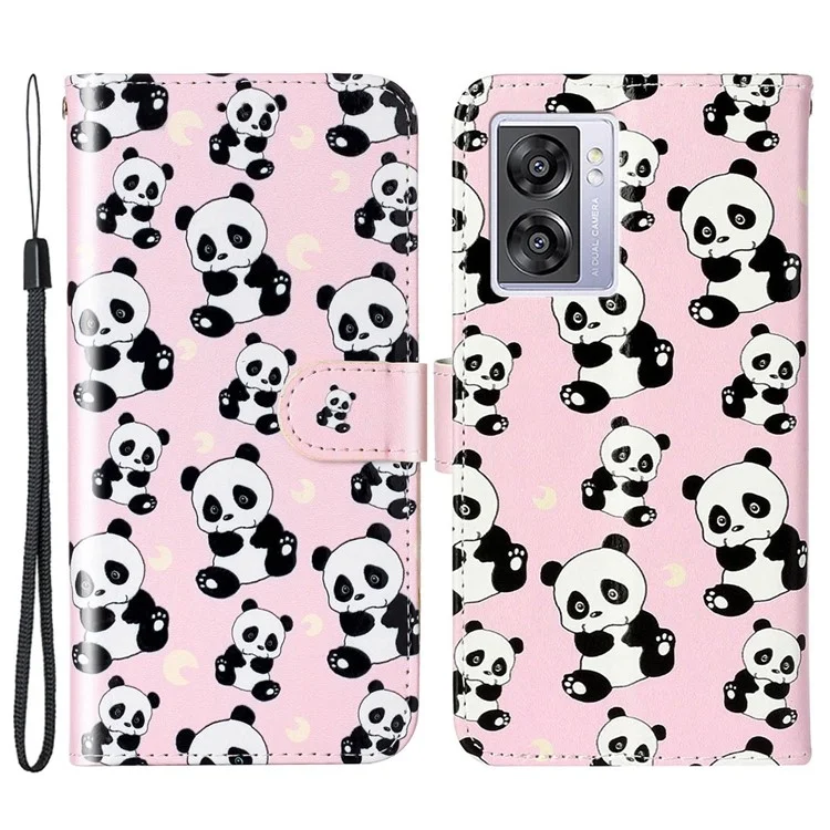 For Oppo A57 (2022) 5G / A57 4G  /  A77 5G /  A57s 4G Wallet Phone Case Pattern Embossed PU Leather TPU Stand Case with Hand Strap - Panda