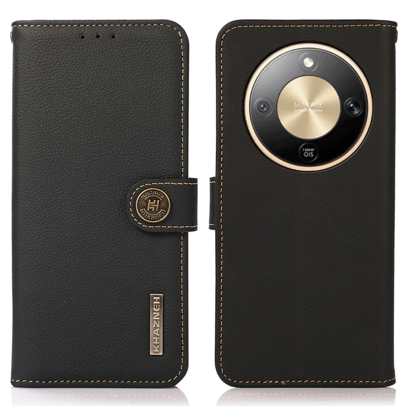 KHAZNEH for Honor Magic8 Lite 5G / X9d 5G / X70 5G Case Genuine Cow Leather RFID Blocking Wallet Phone Cover - Black