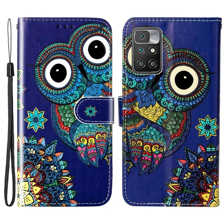 Estuche a Prueba de Choque en Relieve de Patrones Para Xiaomi Redmi 10 2022 4G, PU Cuero TPU Wallet Case Con Soporte / Correa de Mano - Búho