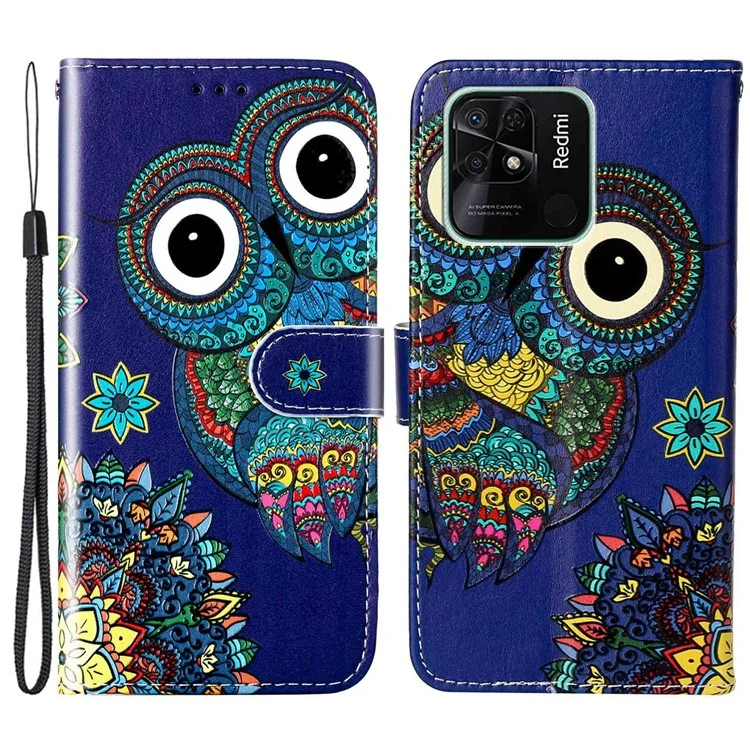 For Xiaomi Redmi 10C 4G Stylish Pattern Embossed Foldable Stand Protective Case PU Leather Phone Wallet Cover with Hand Strap - Blue Owl