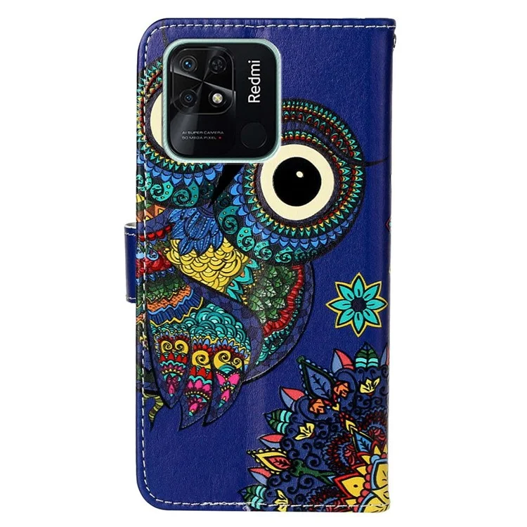 For Xiaomi Redmi 10C 4G Stylish Pattern Embossed Foldable Stand Protective Case PU Leather Phone Wallet Cover with Hand Strap - Blue Owl