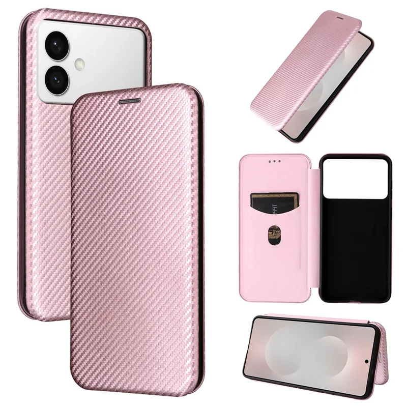 Cover per Samsung Galaxy S26 Edge in Fibra di Carbonio Texture Antiurto in Pelle PU - Oro Rosa
