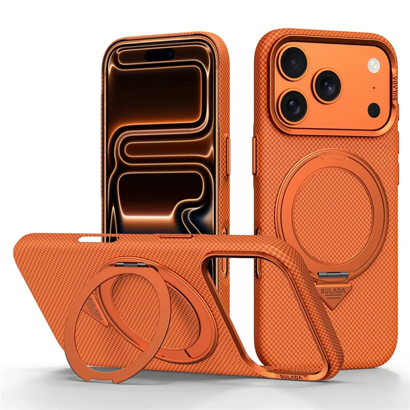 SULADA For iPhone 17 Pro Max Kickstand Magnetic Case Grid Textured Anti Fingerprint Phone Cover - Orange