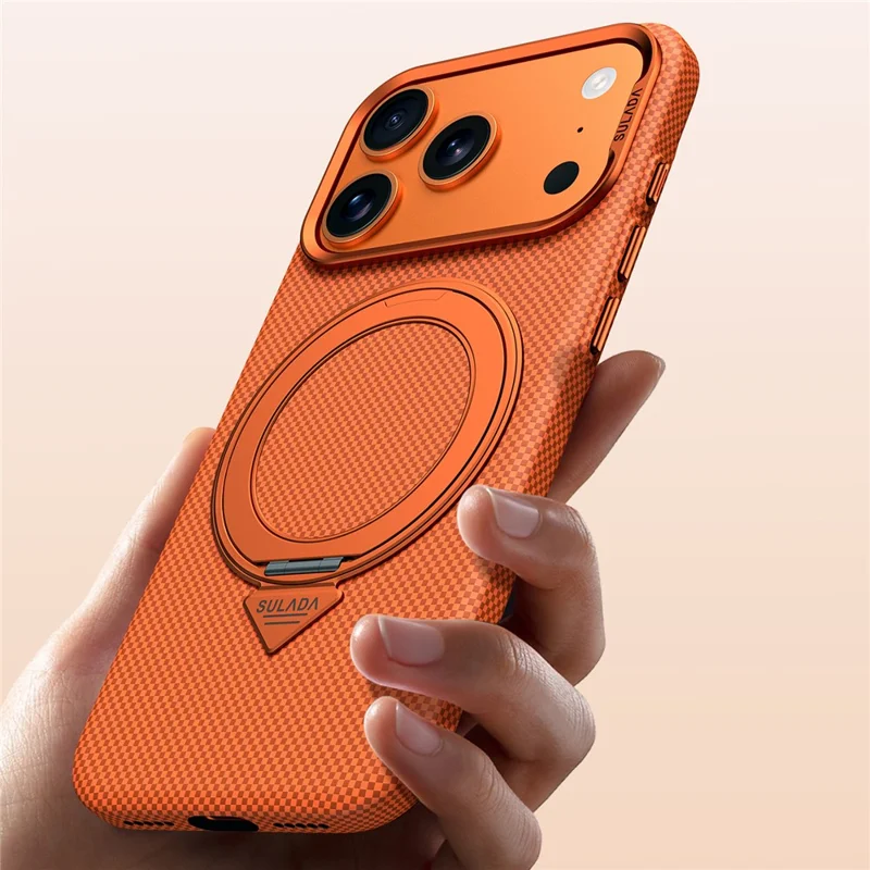 SULADA For iPhone 17 Pro Max Kickstand Magnetic Case Grid Textured Anti Fingerprint Phone Cover - Orange