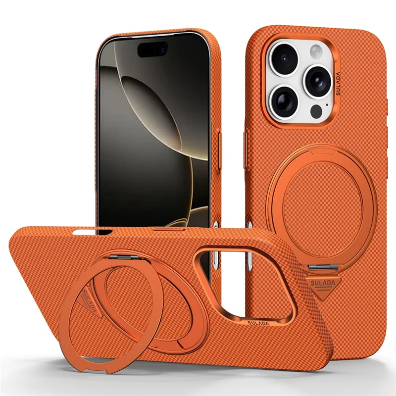 SULADA Für iPhone 16 Pro Kickstand Magnetische Hülle Gittermuster Anti-Fingerabdruck Handyhülle - Orange