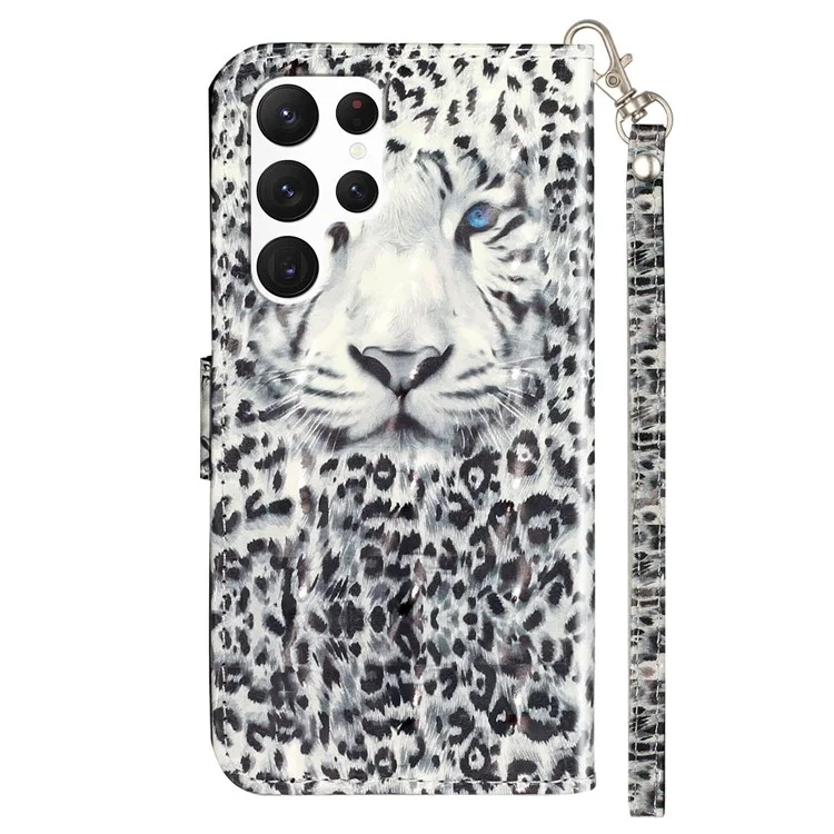 For Samsung Galaxy S23 Ultra 3D Pattern Printing PU Leather Flip Wallet Case Stand Magnetic Shockproof Protective Phone Cover with Strap - Leopard