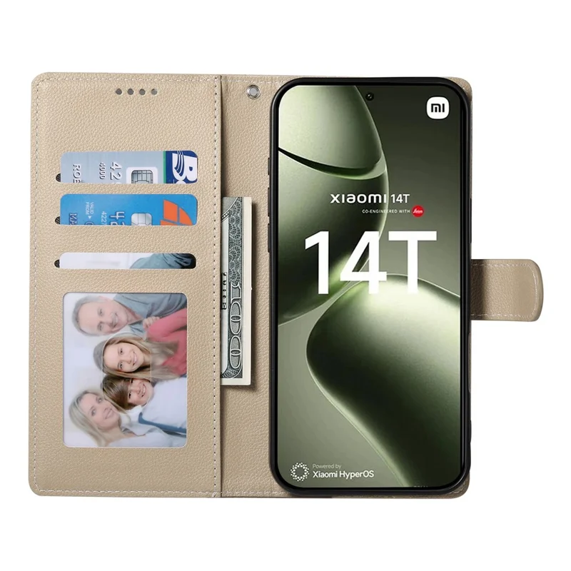 Acquisto all'ingrosso per Xiaomi 14T Custodia in pelle magnetica Snap Litchi Texture Portafoglio Custodia per telefono con cinturino da polso - Albicocca