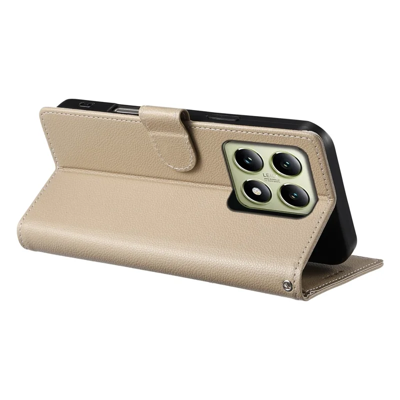 Acquisto all'ingrosso per Xiaomi 14T Custodia in pelle magnetica Snap Litchi Texture Portafoglio Custodia per telefono con cinturino da polso - Albicocca