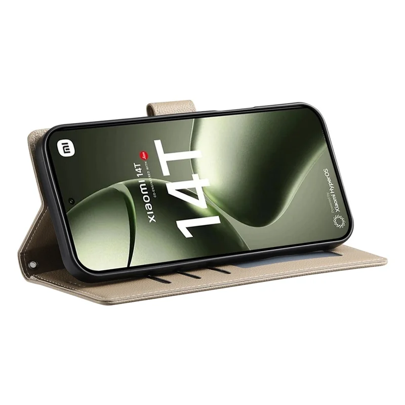 Acquisto all'ingrosso per Xiaomi 14T Custodia in pelle magnetica Snap Litchi Texture Portafoglio Custodia per telefono con cinturino da polso - Albicocca