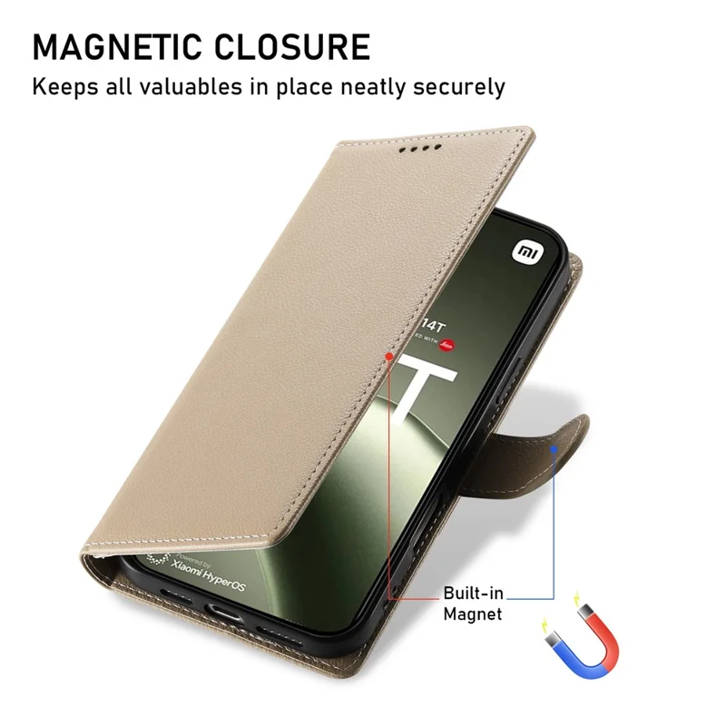 Acquisto all'ingrosso per Xiaomi 14T Custodia in pelle magnetica Snap Litchi Texture Portafoglio Custodia per telefono con cinturino da polso - Albicocca